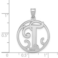 Sterling Silver Rhodium-plated Fancy Script Letter T Initial Pendant view 4