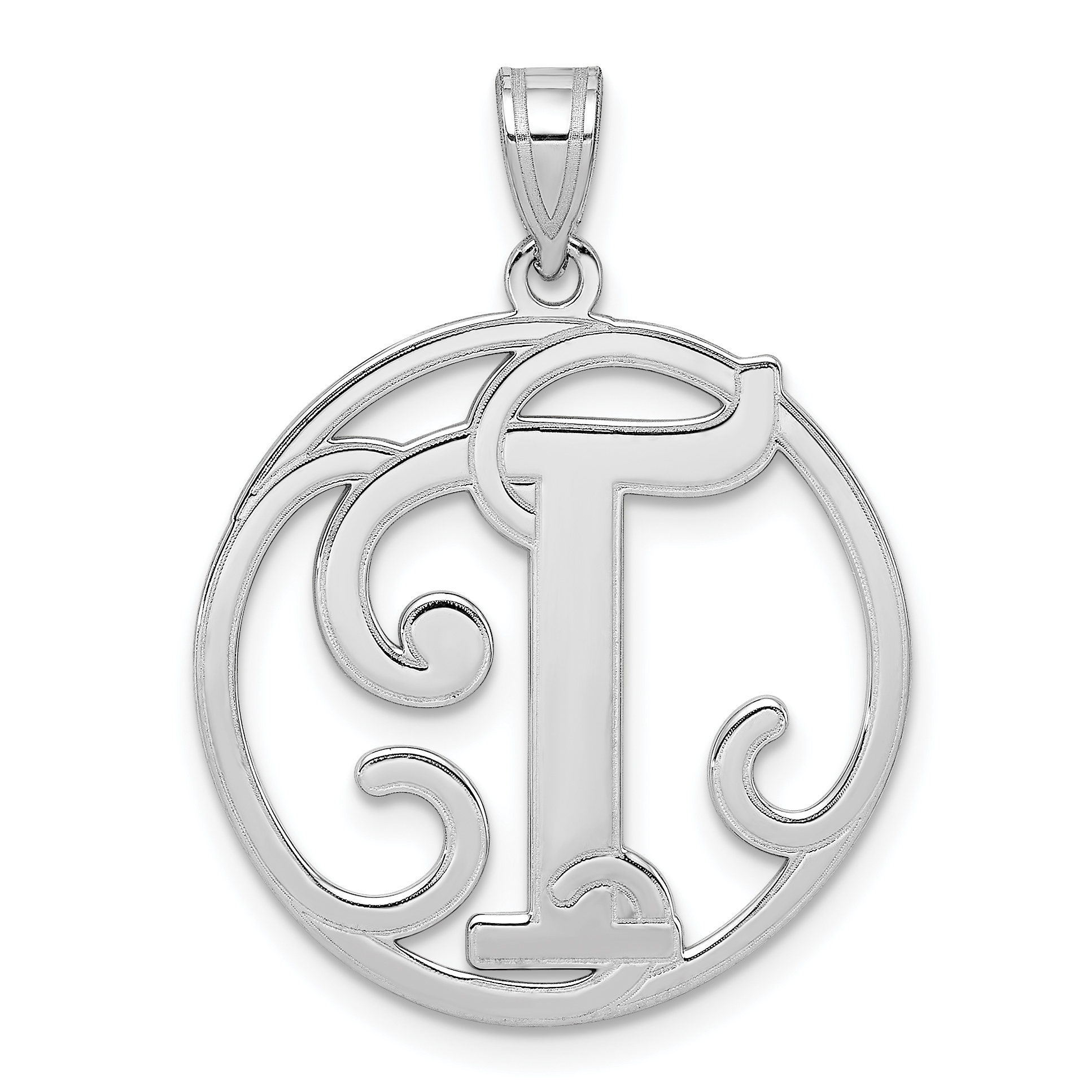 Sterling Silver Rhodium-plated Fancy Script Letter T Initial Pendant (QC8999T)