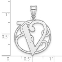 Sterling Silver Rhodium-plated Fancy Script Letter V Initial Pendant view 4