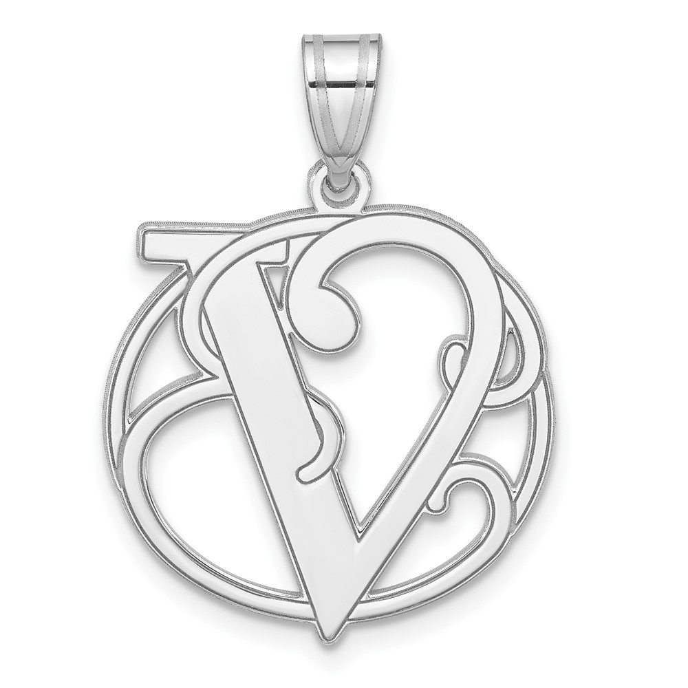 Sterling Silver Rhodium-plated Fancy Script Letter V Initial Pendant