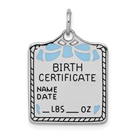 Sterling Silver Rhodium-plated Polished Front Satin Back Blue Enameled Engravable Large Birth Certificate Charm view 1