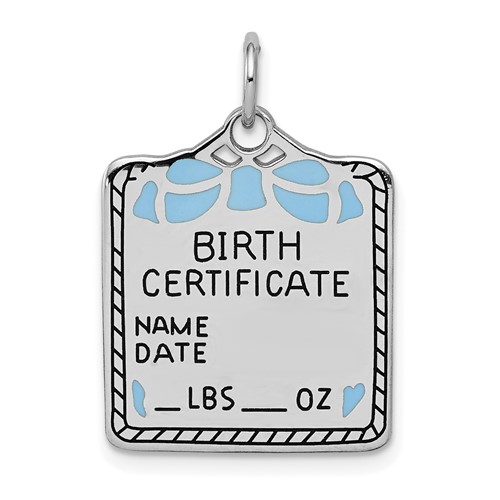 Sterling Silver Rhodium-plated Polished Front Satin Back Blue Enameled Engravable Large Birth Certificate Charm