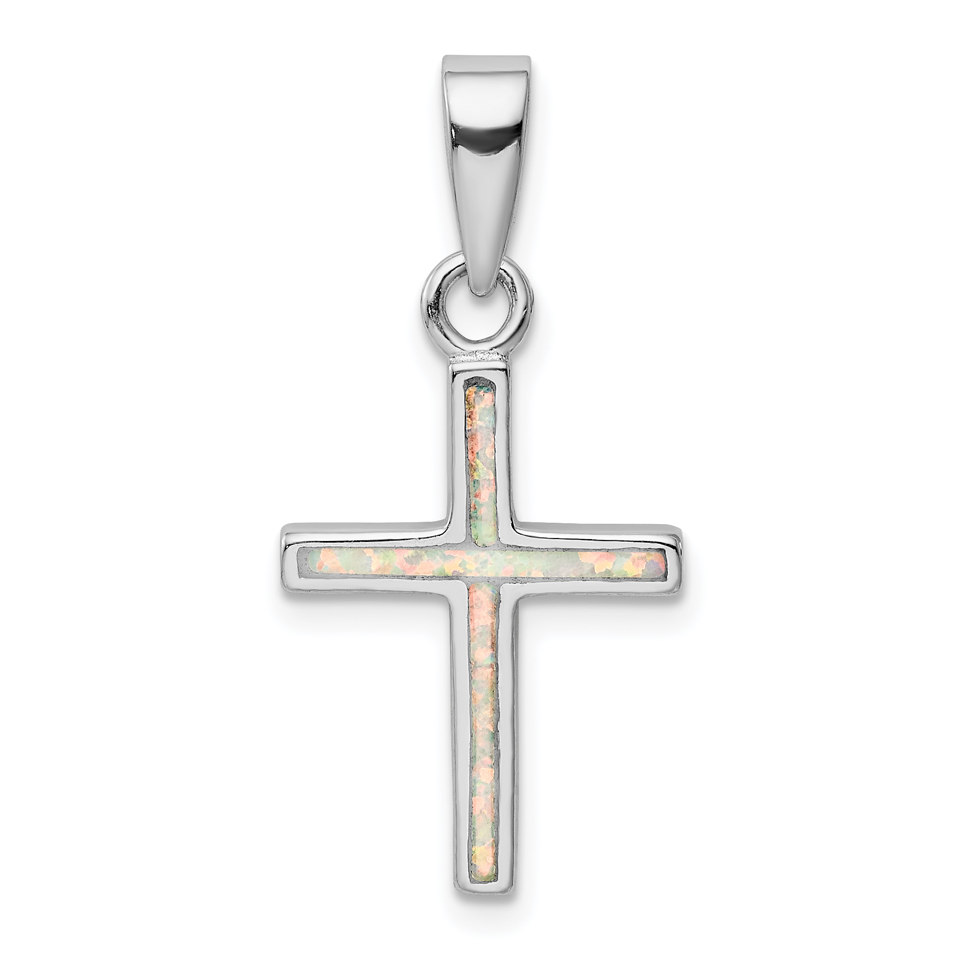 Sterling Silver Rhodium-plated White Lab Created Opal Cross Pendant (QC9035)