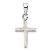 Sterling Silver Rhodium-plated White Lab Created Opal Cross Pendant view 1