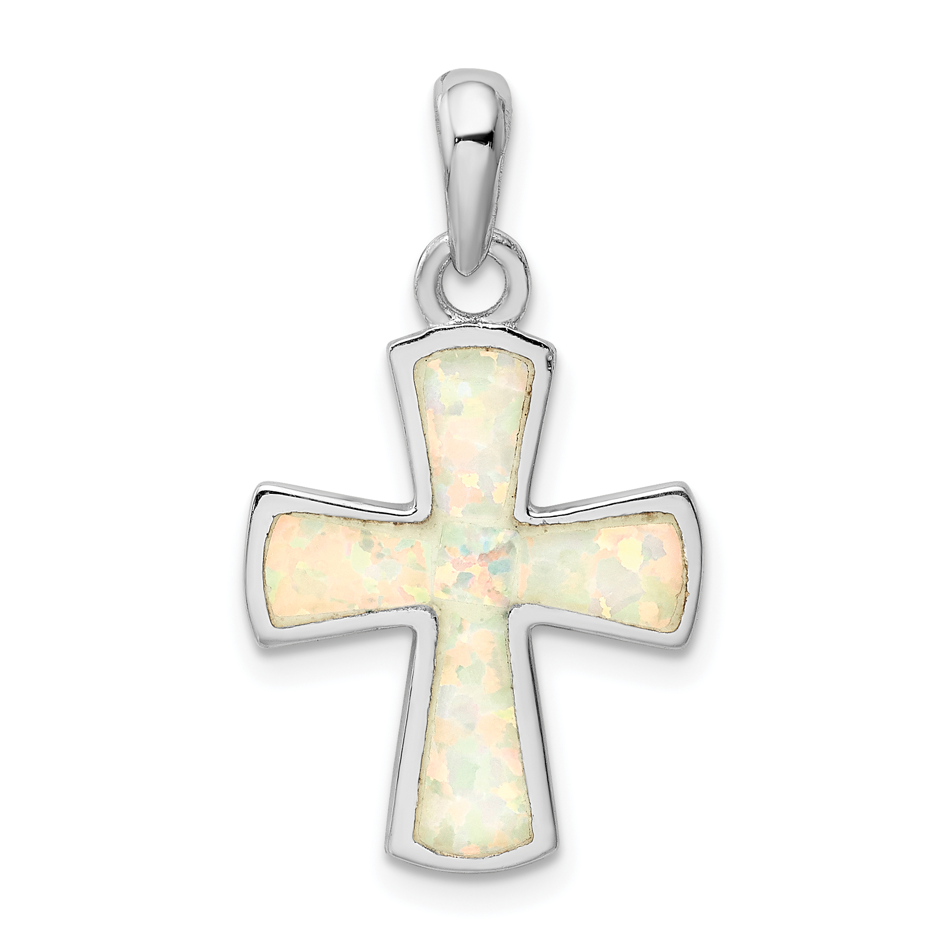 Sterling Silver Rhodium-plated White Lab Created Opal Cross Pendant (QC9036)
