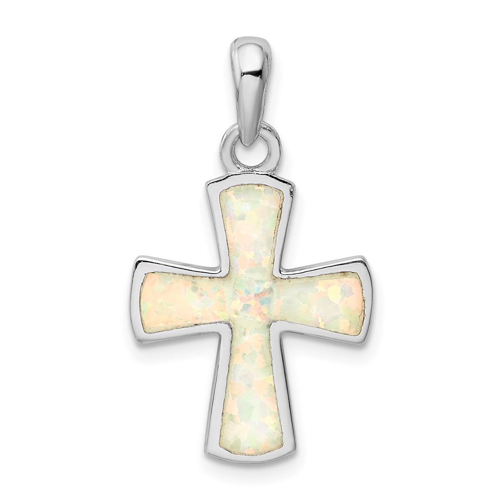 Sterling Silver Rhodium-plated White Lab Created Opal Cross Pendant (QC9036)