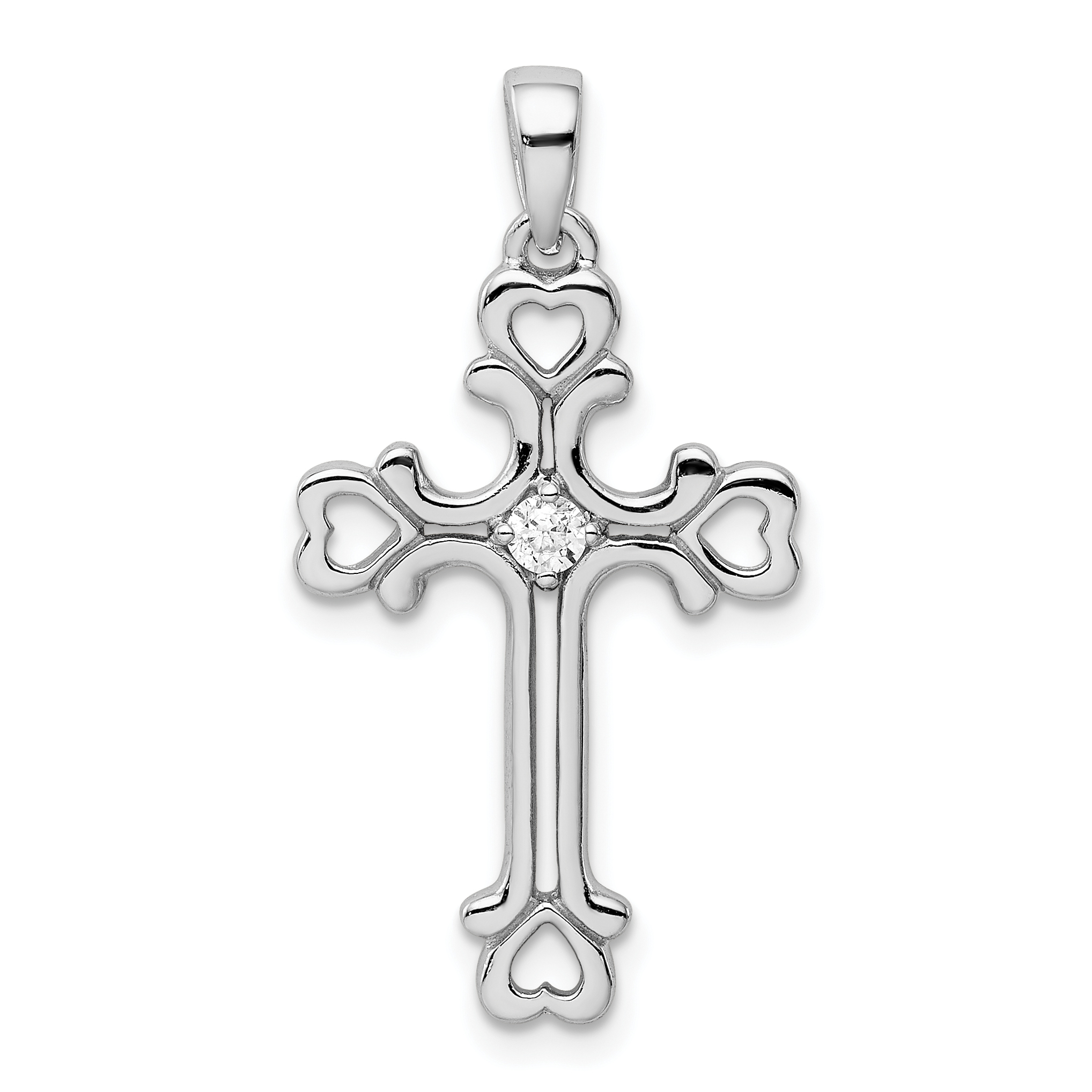 Sterling Silver Rhodium-plated CZ Heart Cross Pendant (QC9048)