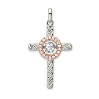 Sterling Silver Plat-plate Rose & Gold-tone Vibrant CZ Cross Pendant view 1