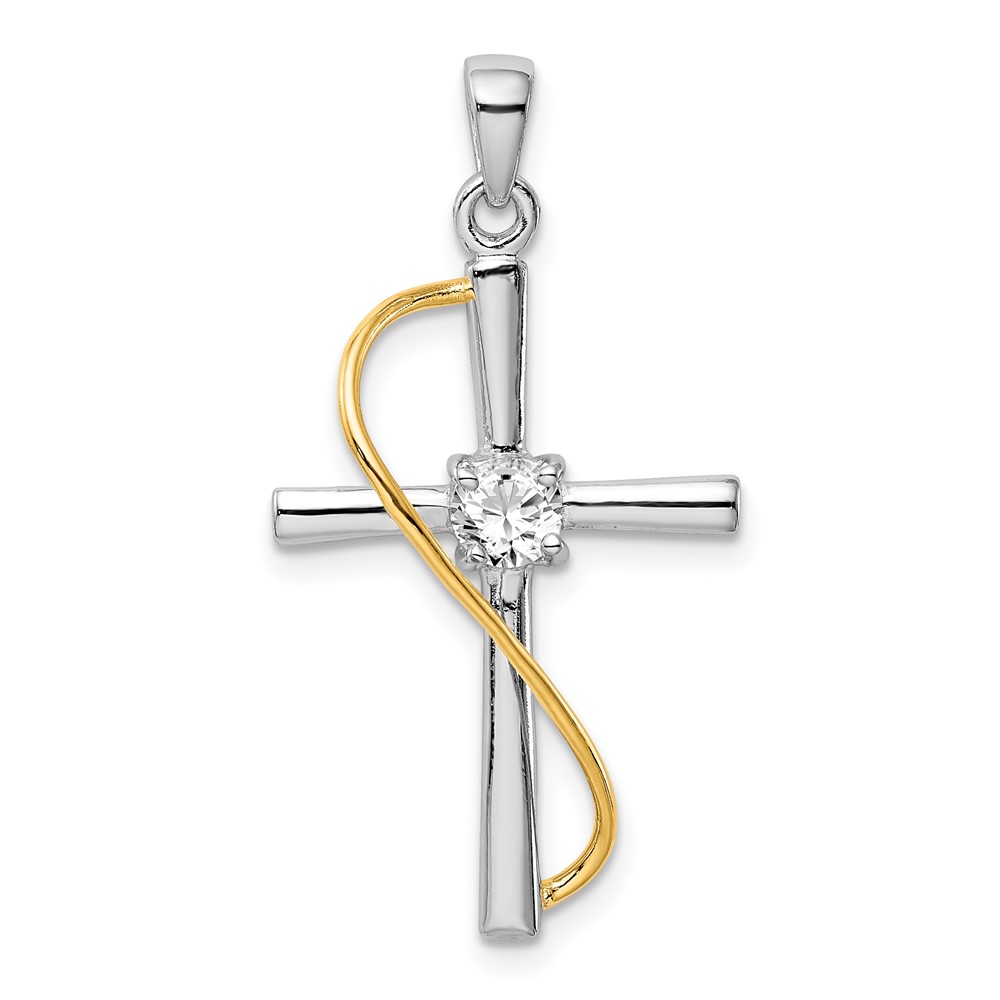 Sterling Silver Rhodium & Gold-tone Polished Pendant with CZ Cross