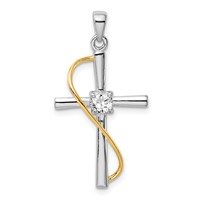 Sterling Silver Rhodium & Gold-tone Polished Pendant with CZ Cross view 1