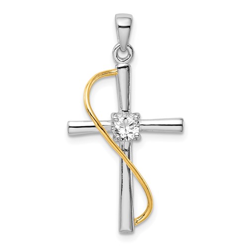 Sterling Silver Rhodium & Gold-tone Polished Pendant with CZ Cross