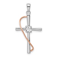 Sterling Silver Rhodium & Rose-tone Polished CZ Cross Pendant view 1