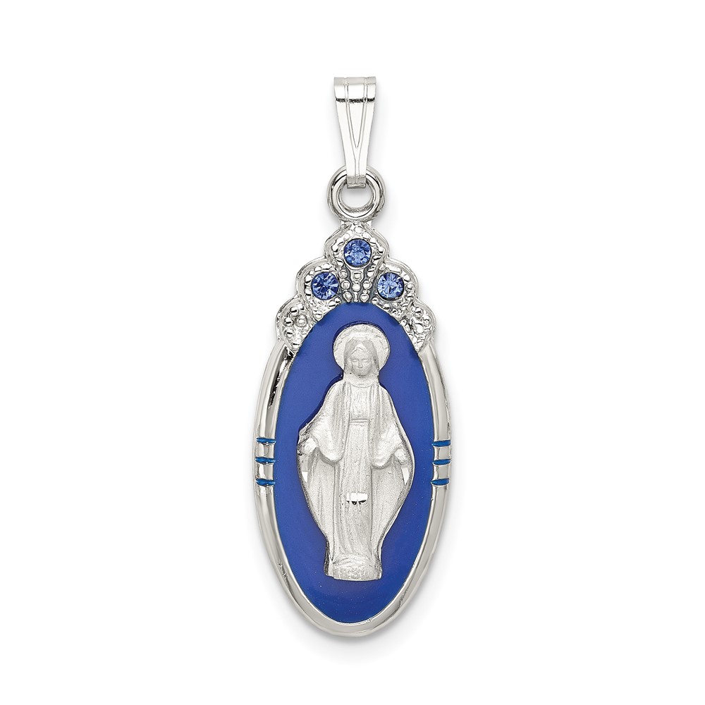 Sterling Silver Satin & D/C Epoxy & Crystal Miraculous Medal Pendant (QC9113)