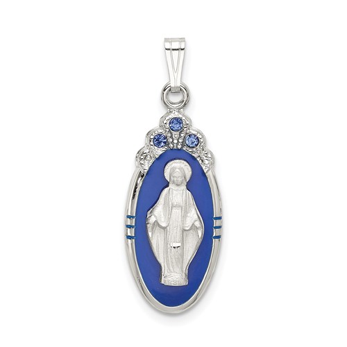 Sterling Silver Satin & D C Epoxy & Crystal Miraculous Medal Pendant