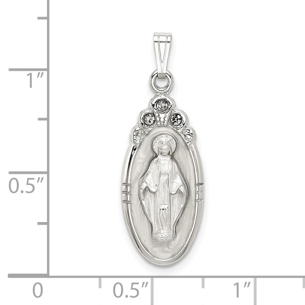 Sterling Silver White Epoxy & Crystal Miraculous Medal Pendant (QC9114)