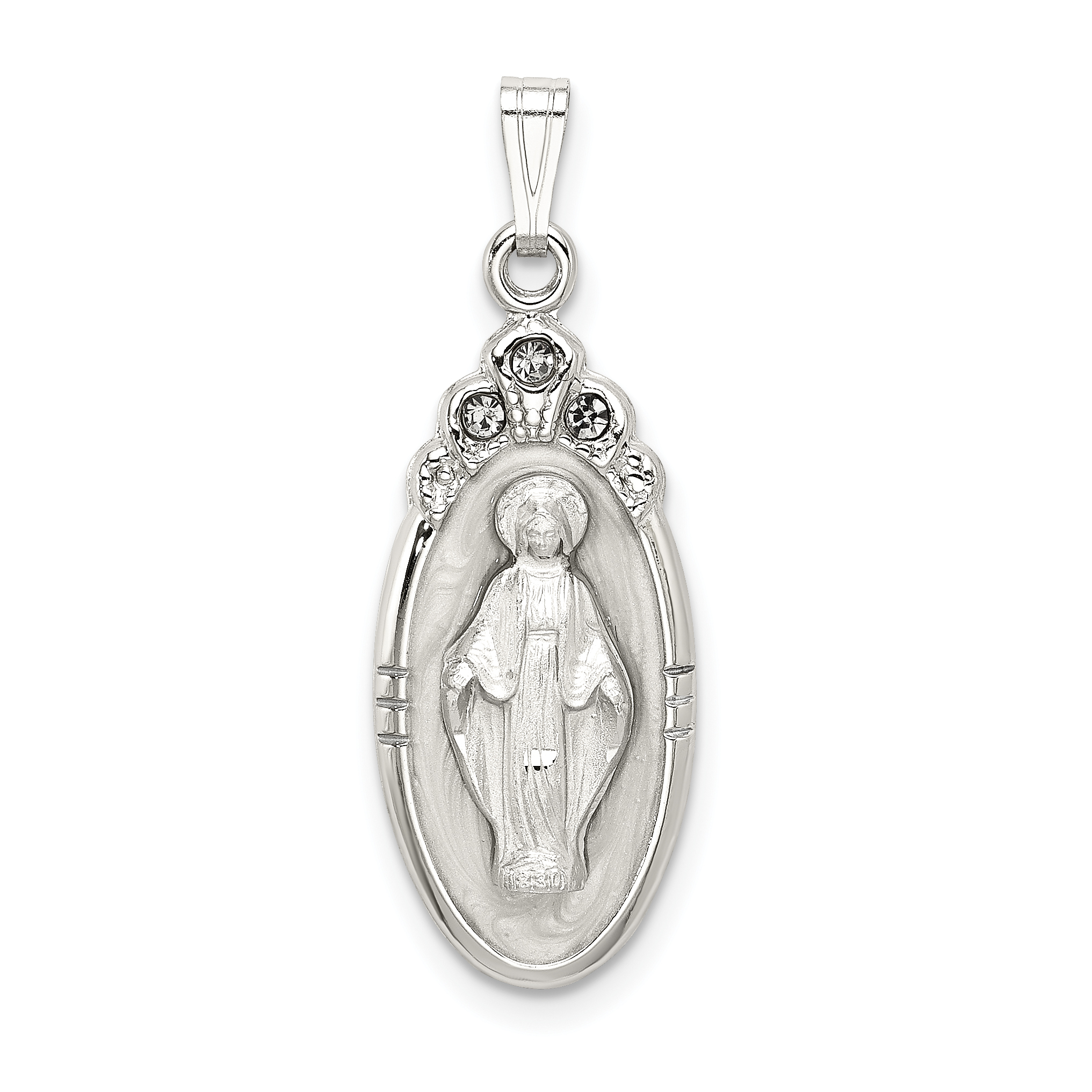 Sterling Silver White Epoxy & Crystal Miraculous Medal Pendant (QC9114)