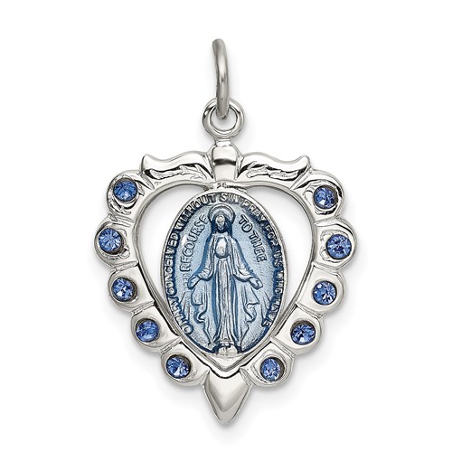 Sterling Silver Epoxy & Crystal Miraculous Medal Heart Pendant