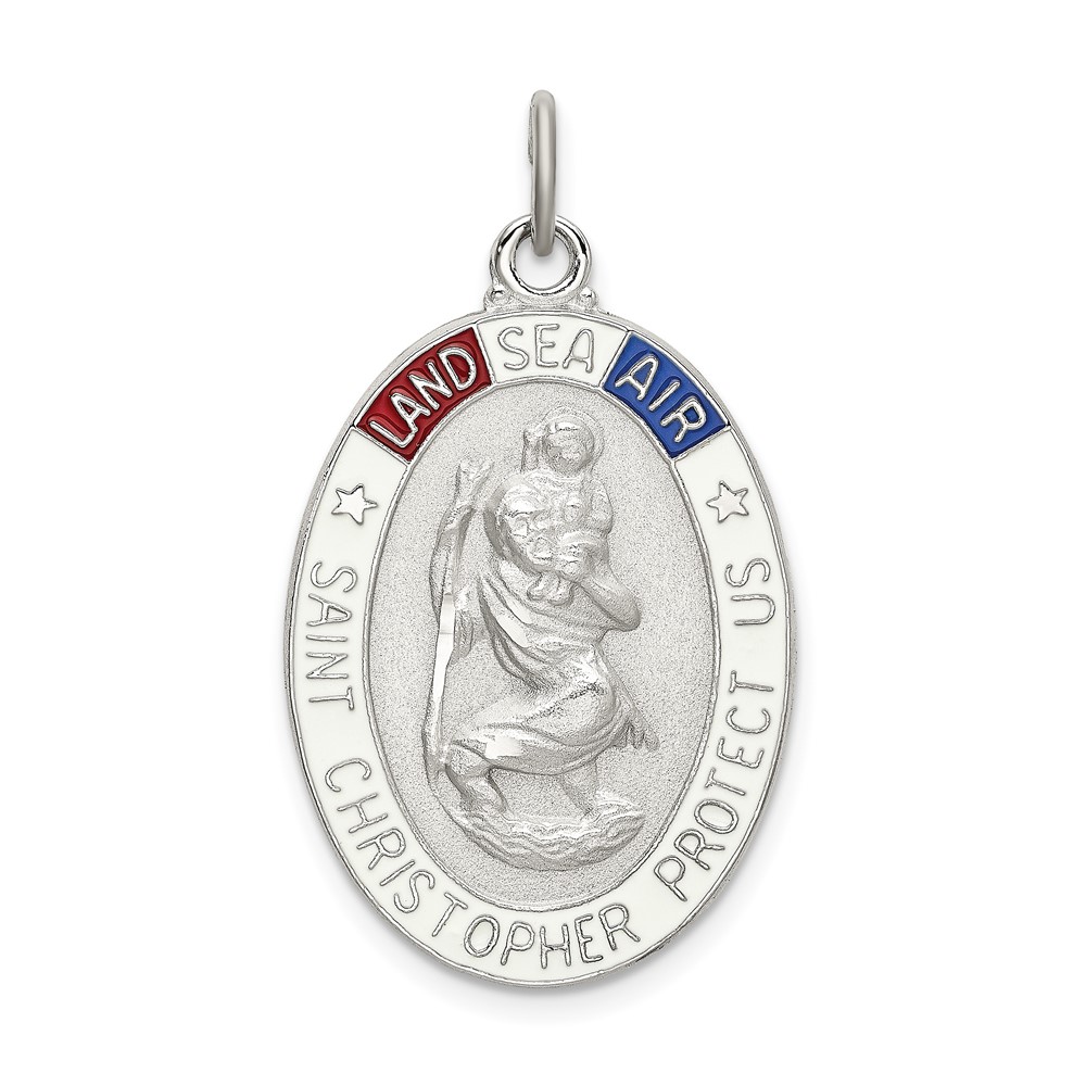 Sterling Silver Satin/Polished/D/C Enamel St Christopher Medal (QC9122)