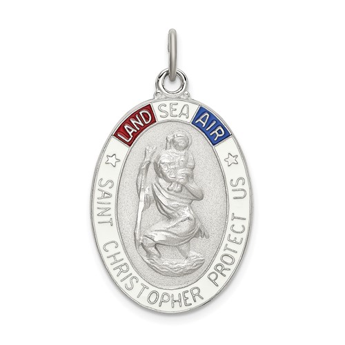 Sterling Silver Satin Polished D C Enamel St Christopher Medal