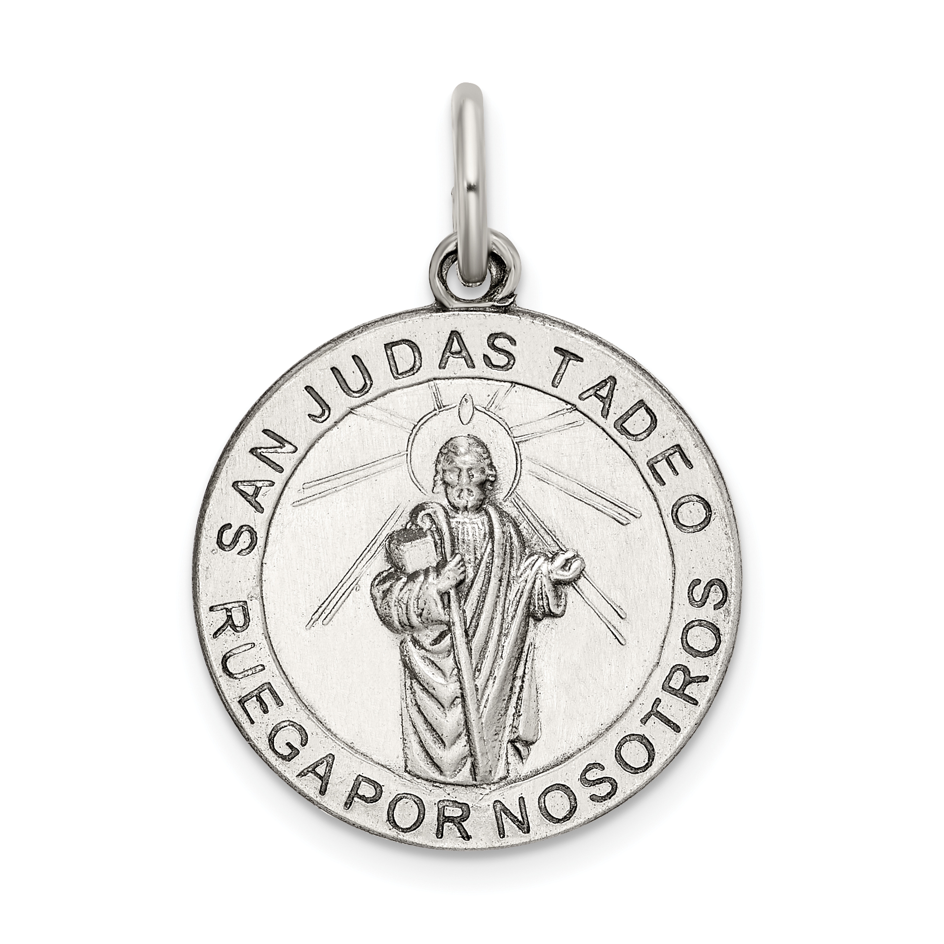Sterling Silver Satin Antiqued Spanish St. Jude Thaddeus Medal Pendant (QC9125)