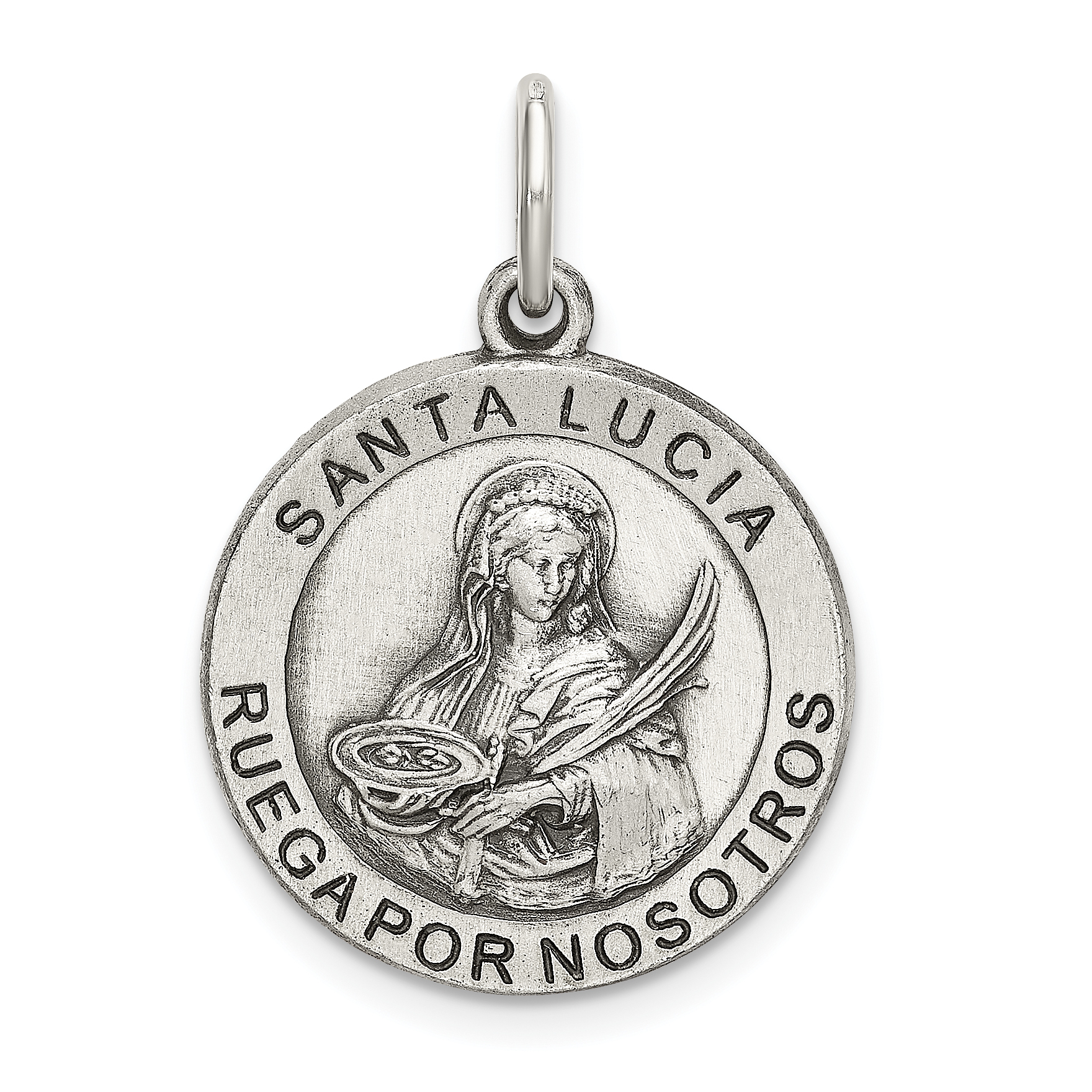 Sterling Silver Satin Antiqued Spanish St. Lucy Medal Pendant (QC9127)