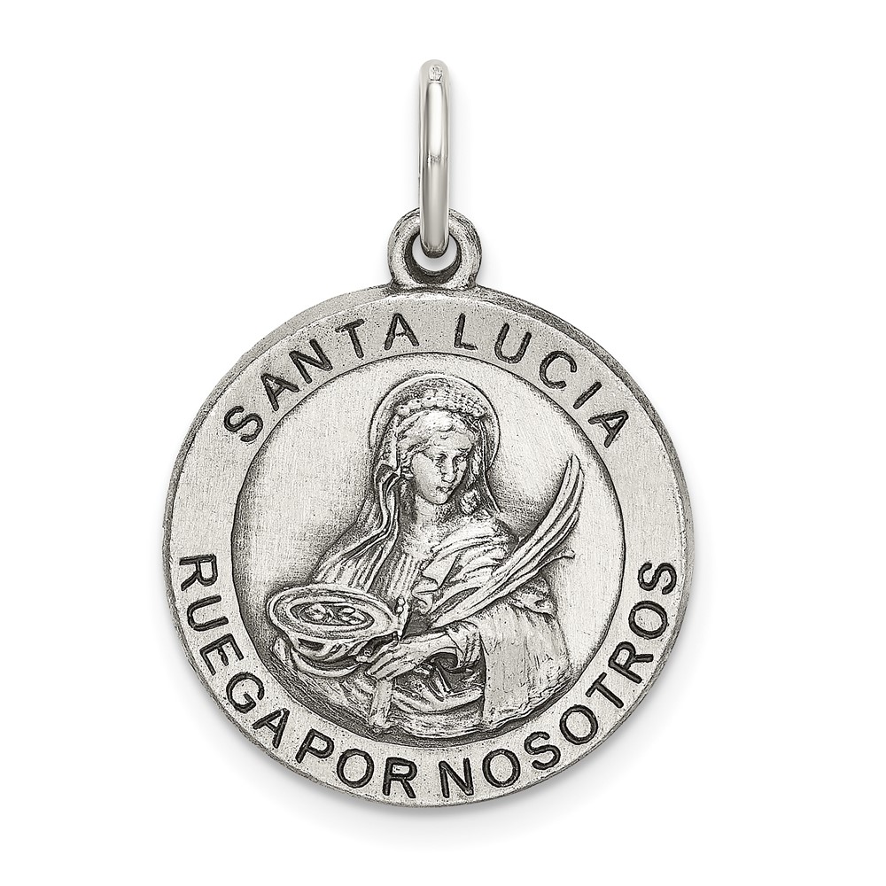 Sterling Silver Satin Antiqued Spanish St. Lucy Medal Pendant (QC9127)