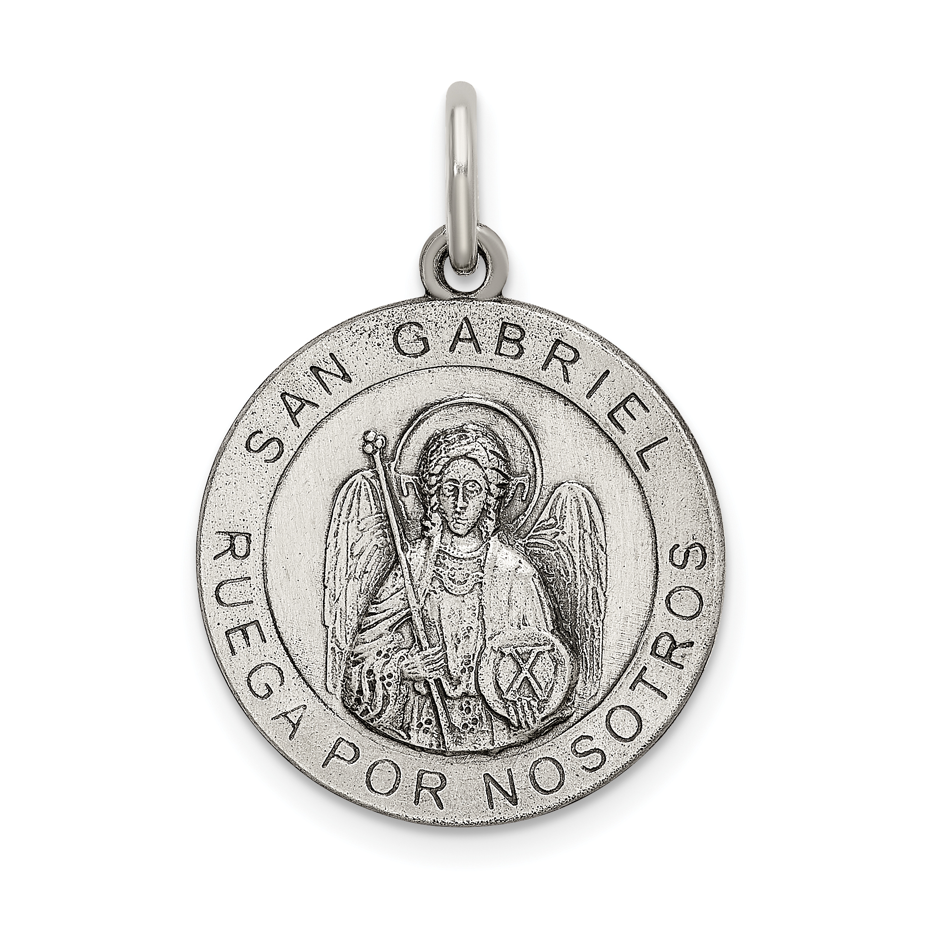 Sterling Silver Satin Antiqued Spanish St. Gabriel Medal Pendant (QC9133)
