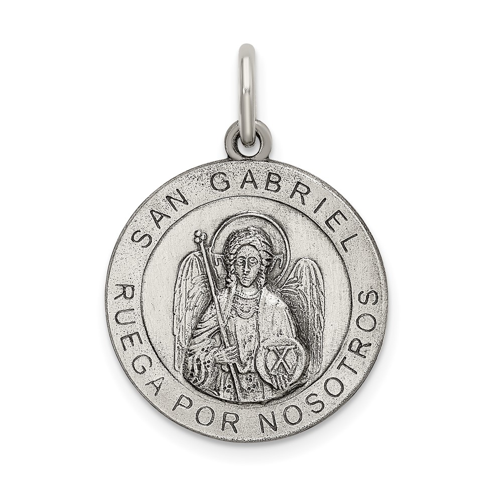 Sterling Silver Satin Antiqued Spanish St. Gabriel Medal Pendant (QC9133)