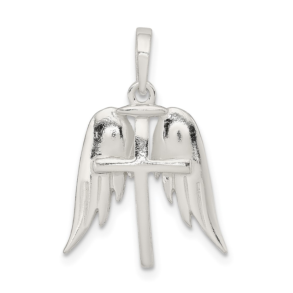 Sterling Silver Polished Wings and Cross Pendant