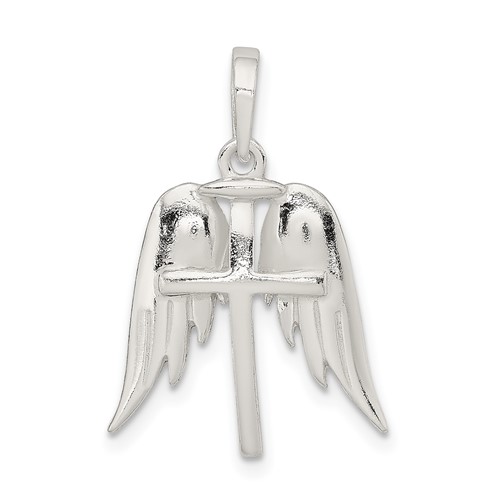 Sterling Silver Polished Wings and Cross Pendant