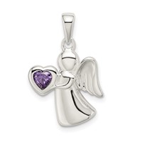 Sterling Silver Angel Pendant with Purple CZ Heart view 1