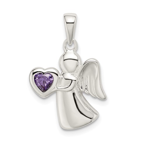 Sterling Silver Angel Pendant with Purple CZ Heart