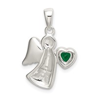 Sterling Silver Angel Pendant with Dark Green CZ Heart view 3