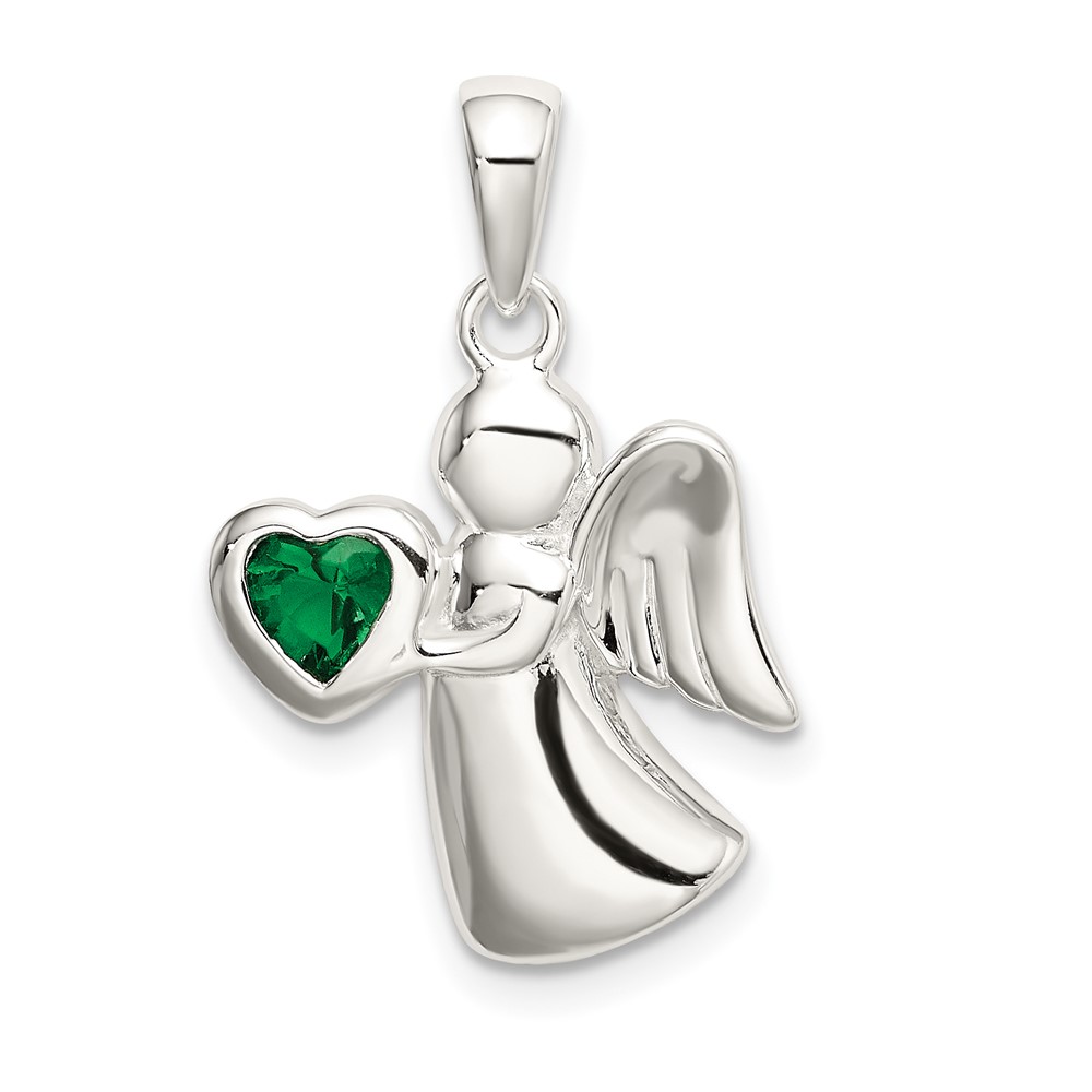 Sterling Silver Angel Pendant with Dark Green CZ Heart