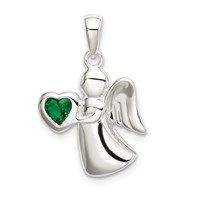 Sterling Silver Angel Pendant with Dark Green CZ Heart view 1