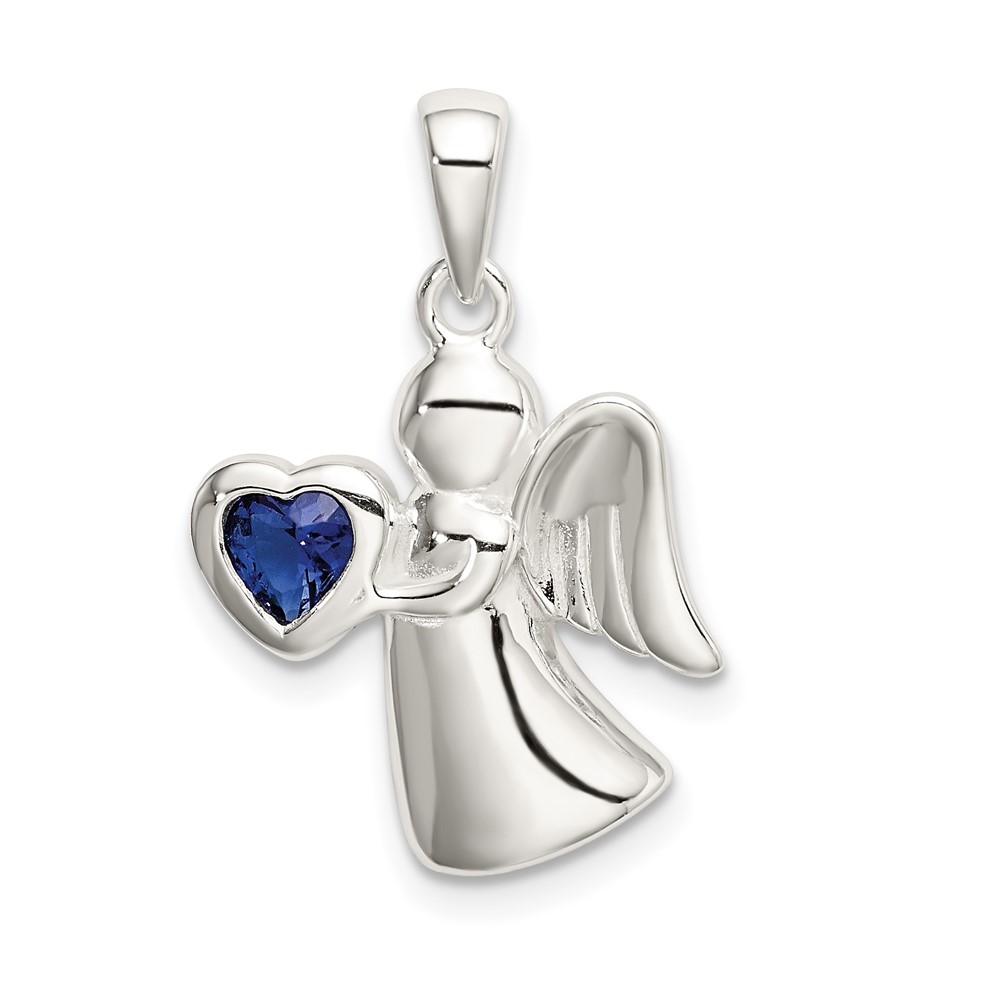 Sterling Silver Angel Pendant with Dark Blue CZ Heart