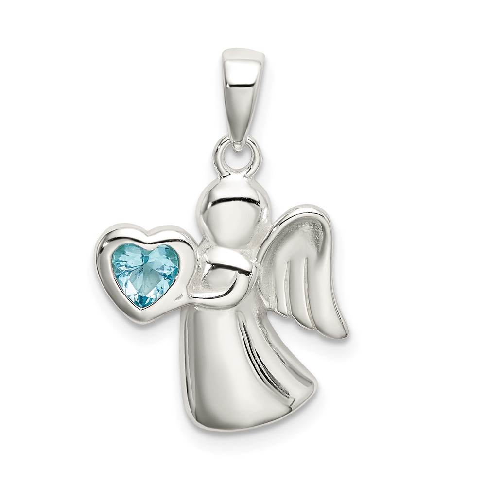 Sterling Silver Angel Pendant with Light Blue CZ Heart