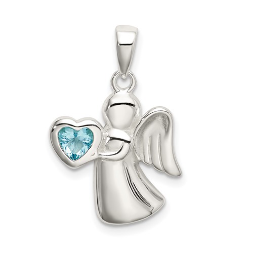 Sterling Silver Angel Pendant with Light Blue CZ Heart