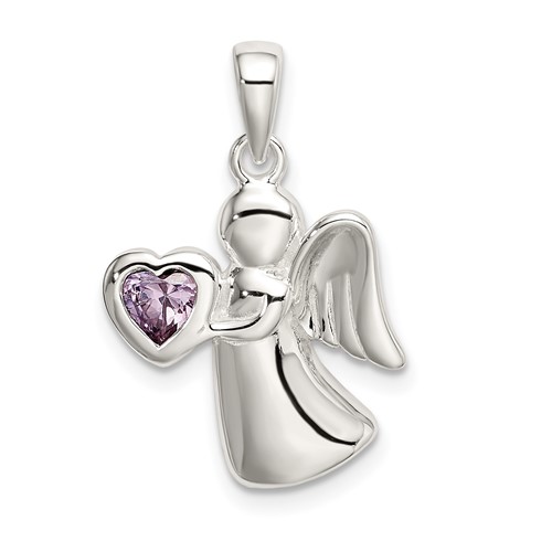 Sterling Silver Angel Pendant with Light Purple CZ Heart