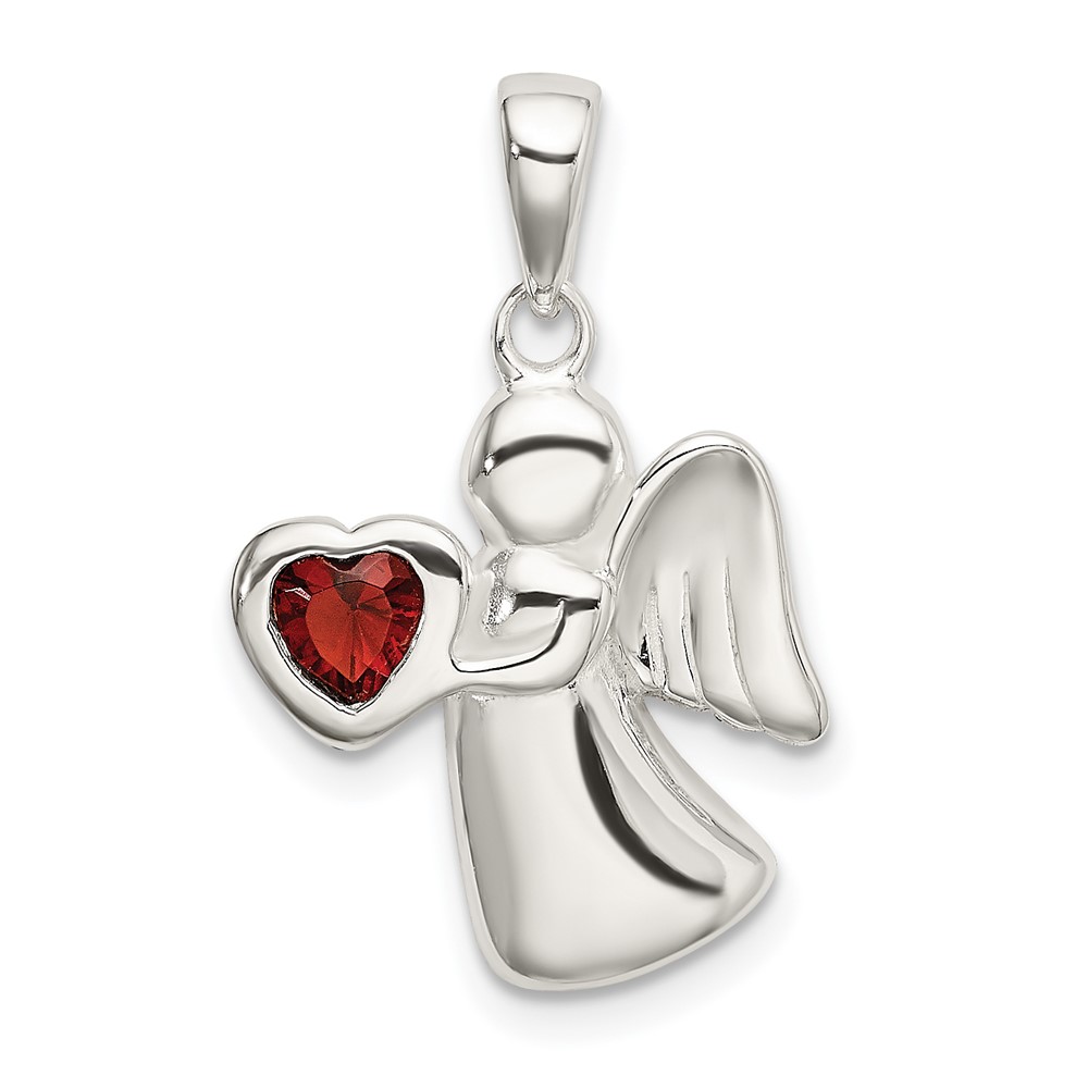 Sterling Silver Angel Pendant with Dark Red CZ Heart