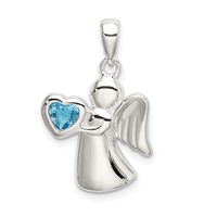 Sterling Silver Angel Pendant with Blue CZ Heart view 1