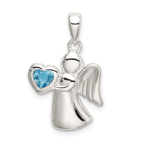 Sterling Silver Angel Pendant with Blue CZ Heart