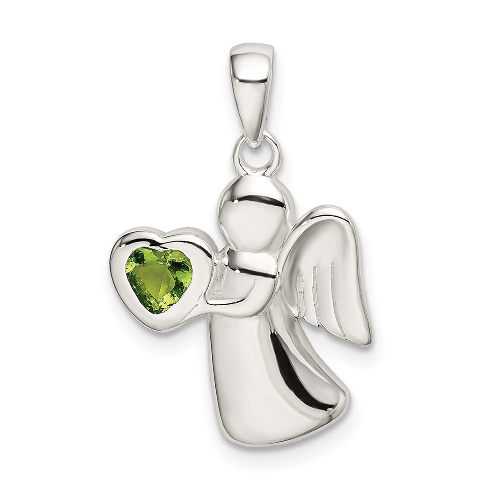 Sterling Silver Angel Pendant with Light Green CZ Heart