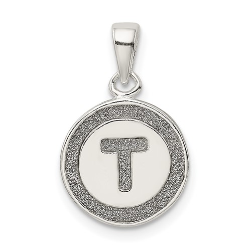 Sterling Silver Glitter Enamel Letter T Initial Circle Pendant