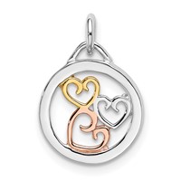 Sterling Silver Rhodium-plated Rose and Gold-tone Polished Three Hearts in Circle Pendant view 1