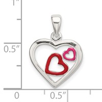 Sterling Silver Polished Red and Pink Enameled Hearts in Heart Pendant view 4