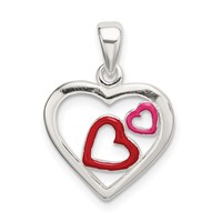Sterling Silver Polished Red and Pink Enameled Hearts in Heart Pendant view 1