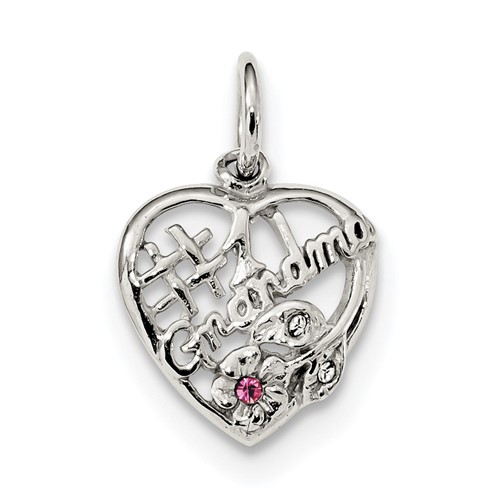 Sterling Silver Rhodium-plated Pink and Clear CZ #1 Grandma Heart Pendant