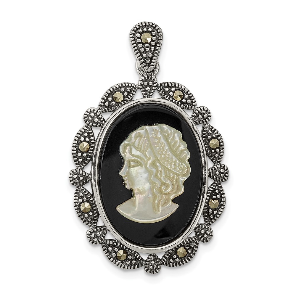 Sterling Silver Antiqued Marcasite Black Agate & MOP White Cameo Pendant (QC9200)