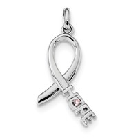 Sterling Silver Rhodium-plated Pink CZ Hope Awareness Ribbon Pendant view 1
